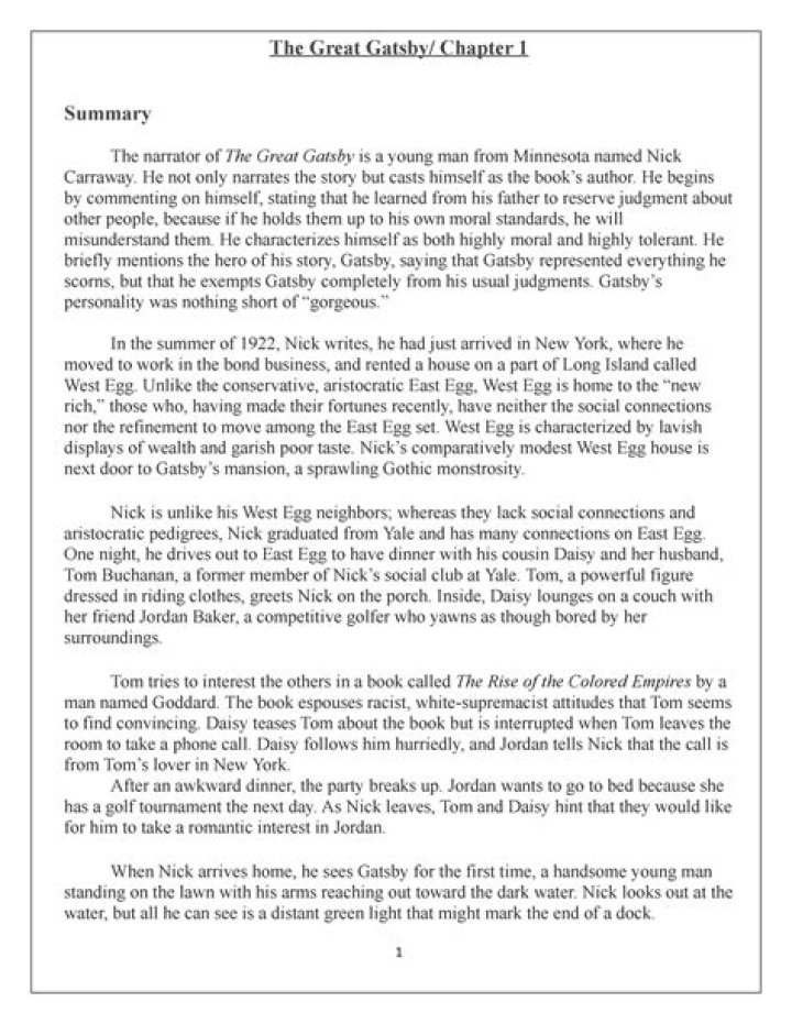 the great gatsby chapter 1 summary