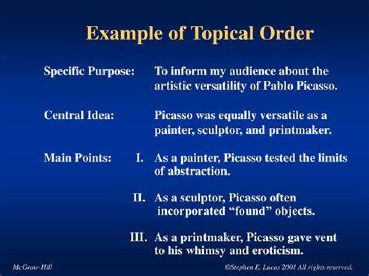 When arranged in topical order what are the main points of a speech?